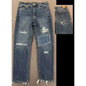 American Eagle Strigid Jeans Womens Size 6 High Rise Straight Distressed Patches